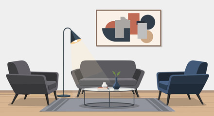 Fototapeta premium Modern living room with stylish furniture and abstract artwork.