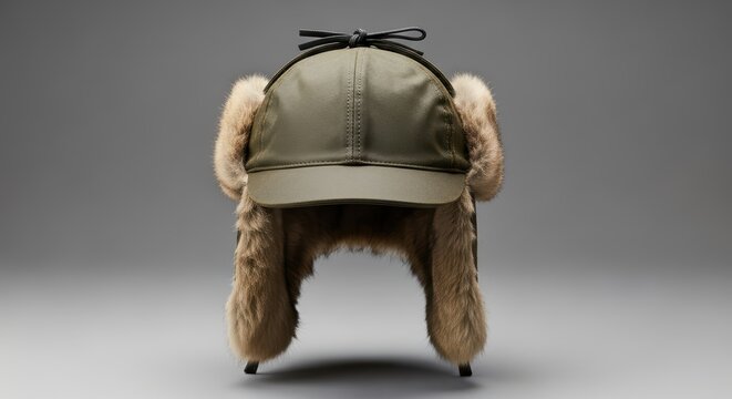 Olive green trapper hat with fur earflaps on gray background