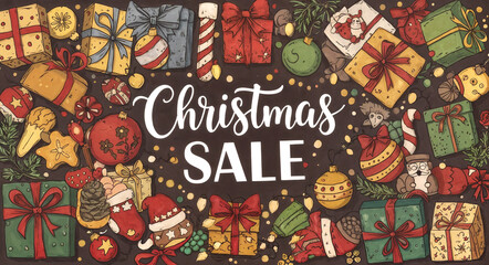 A Christmas sale ad with gift boxes and ornaments on a festive background, suitable for email marketing, online shop banners, and holiday discount announcements.