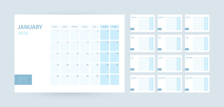 Monthly calendar template for the year 2026, the week starts on Monday. The calendar is in a blue color scheme.
