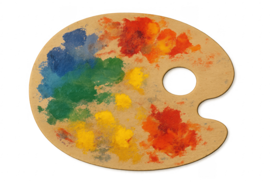 Wooden artist palette holding various oil paint colors