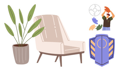 Fototapeta premium Armchair and potted plant evoke comfort, paired with floating puzzle pieces and a shield suggesting problem-solving, security, creativity, teamwork, home, wellbeing, and protection. A simple flat