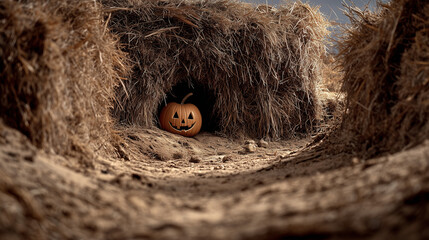 A jack o lantern is in the dry grass tunnel  , halloween mood.
