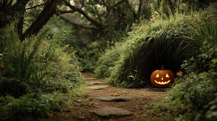 A halloween pumpkin in front of the grass tunnel , forest is background.