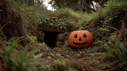 Close up a jack o lantern is on the ground , black tunnel is background , halloween mood.