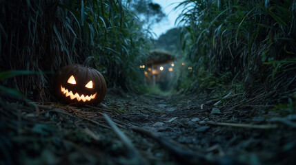 A jack o lantern is on the ground black forest is background , halloween mood.