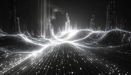Abstract Glowing Light Patterns in Black and White Digital Landscape with Data Streams and Cityscape Under Soft Studio Lighting
