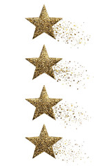 Obraz premium A vertical row of four gold stars, each trailing a white, fragmented, comet-like substance
