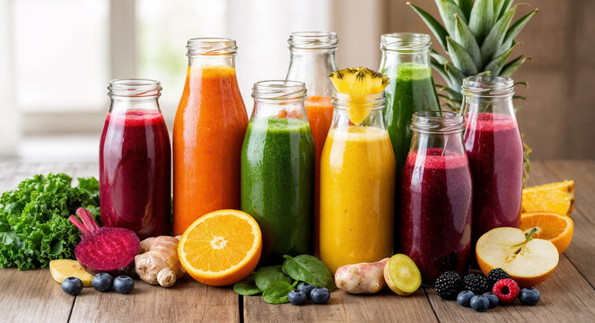 A variety of colorful smoothies in glass bottles with fresh fruits and greens, ideal for health juice bar promotions, detox plan graphics, and vibrant lifestyle content.