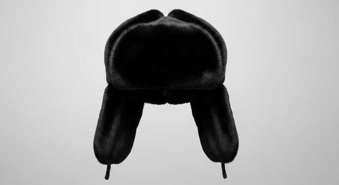 Black fur ushanka hat with ear flaps on gray background