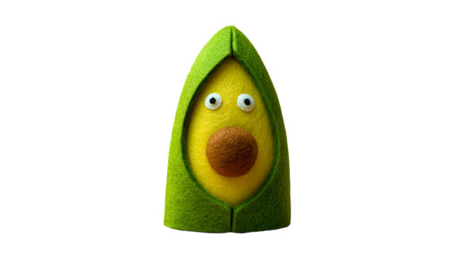 Avocado Persona: A whimsical avocado character, personified with expressive eyes and a friendly demeanor, clad in a green outfit.