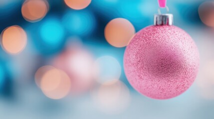 Decorative pink ornament hanging against bokeh lights in a festive setting