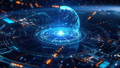 Abstract Glowing Blue and Orange Digital Sphere on Dark Background High Tech Visualization Futuristic Technology Data Concept