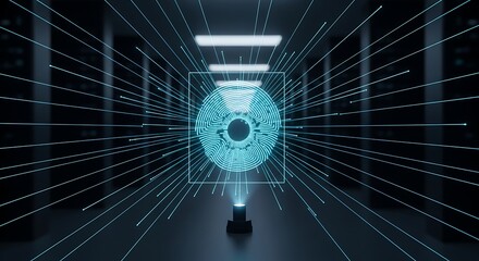 Advanced artificial intelligence represented by a holographic iris for biometric security in a futuristic data center