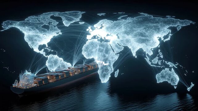 Vast global shipping network connects continents via illuminated digital world map hologram, 4k high quality