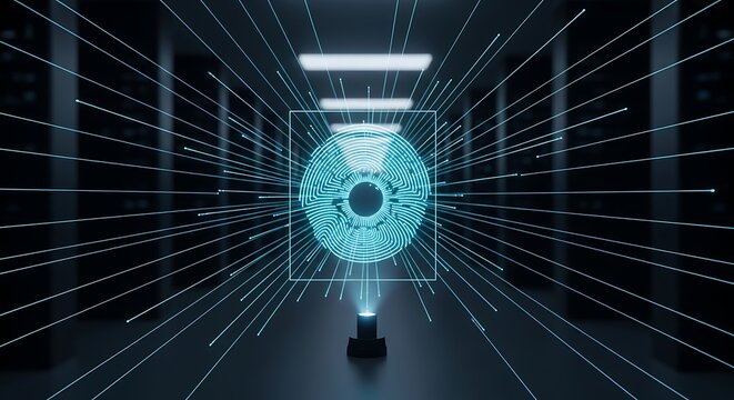 Advanced artificial intelligence represented by a holographic iris for biometric security in a futuristic data center