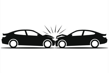 Car accident silhouette vector. Head-on collision between two vehicles. Auto crash icon for insurance and safety concepts. Isolated black illustration of wrecked automobiles on white background.
