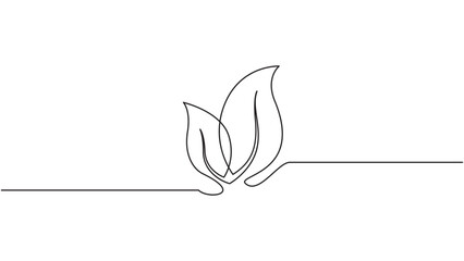 Continuous line drawing of two leaves symbolizing growth and environment conservation
