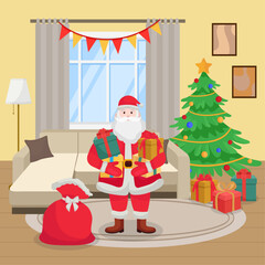 Christmas cozy decorated living room Santa with presents Christmas tree in room