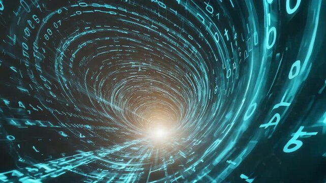Digital data stream tunnel background with binary code animation for tech use