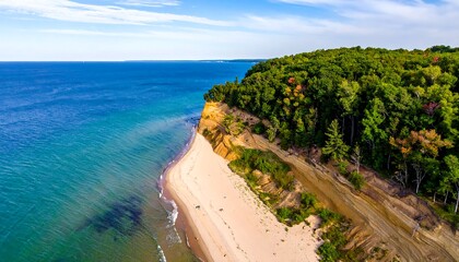 Aerial coastal shot showing a sandy beach, cliff, and clear blue water