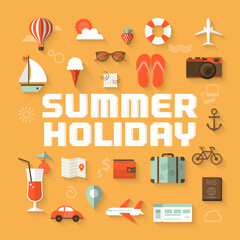 travel flat icons set Presents a “SUMMER HOLIDAY” scene with beach elements. Full-frame composition, orange tone. Flat design style, travel background, with “SUMMER HOLIDAY” text.
