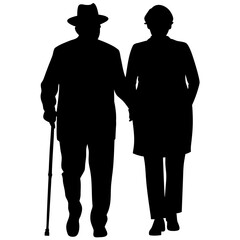 Elderly Couple Holding Hands with Canes Silhouette Vector Icon, Senior Love and Care