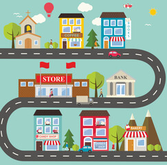 vector illustration of a city Shows a “BIG CITY” urban scene infographic. Full-frame composition, multicolor tone. Flat design style, urban background, with “BIG CITY” text.