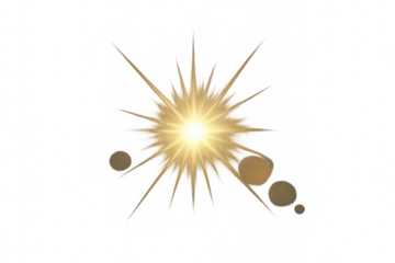 Bright camera lens flare effect with starburst rays and circular bokeh, radiating light on transparent background