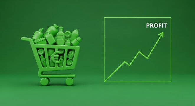 Shopping Cart Full of Products with Euro Symbol and Ascending Profit Graph Business Success Growth Sales Commerce
