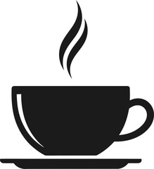 Simple silhouette of a hot coffee cup and saucer with steam rising flat design vector illustration isolated on transparent background