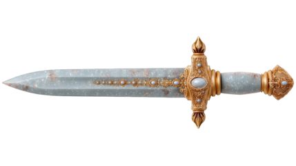 Ornate ancient ornate knights sword with detailed gold embellishments and sparkling gemstones on a clean isolated background
