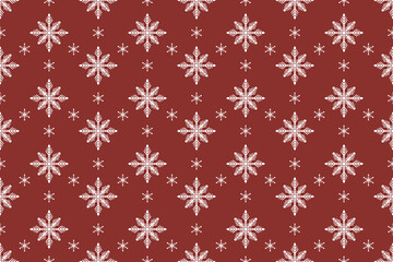 Christmas vector illustration of white snowflakes drawn on a red background. This image can be used for paper graphics, fabric patterns, etc.