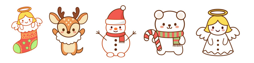 Cute Kawaii Christmas Character Collection with Angel, Reindeer, Snowman, and Polar Bear
