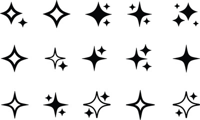 Set of black sparkle and star icons in various styles, perfect for magical effects, clean design, decoration, and vector graphics.