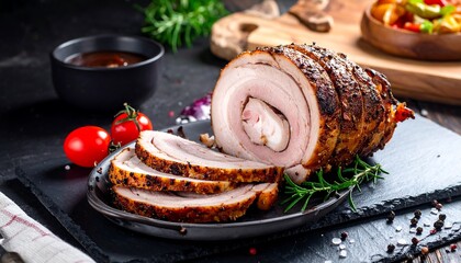 Sliced, roasted pork roll on dark plate