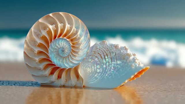 Stunning nautilus shell section reveals intricate Fibonacci spiral on serene ocean shore, 4k high quality