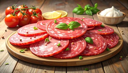 Sliced salami on wooden board with fresh produce