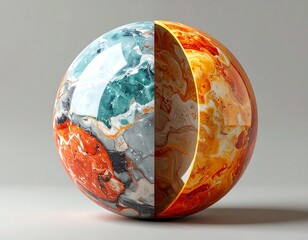 Sliced sphere, vibrant colors, marbled design