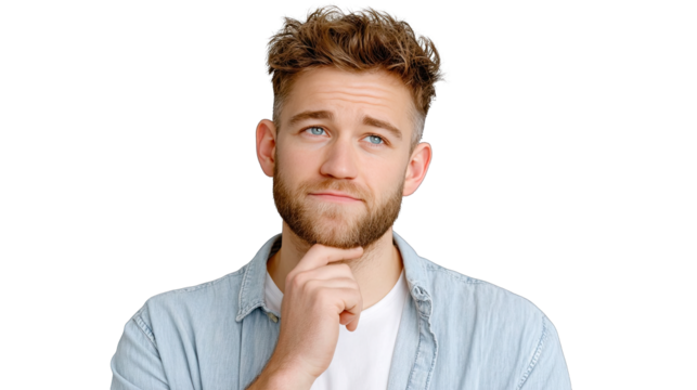 Portrait of a Caucasian Man with Curly Brown Hair Raising Eyebrows and Touching Chin in Thoughtful Pose With a Light Blue Button Up Shirt on a Black Background