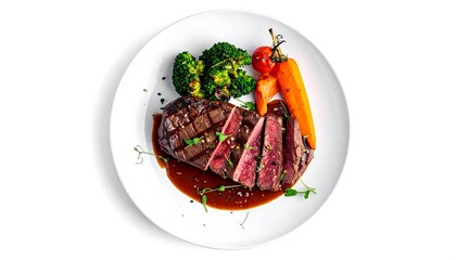 Sliced steak with vegetables on a white plate