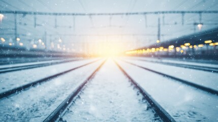 Snowfall covers empty train tracks as sunrise breaks through the horizon