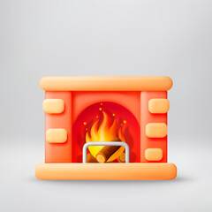 Orange cute fireplace with burning log and flames. Cozy winter holiday and Christmas concept. Warm home interior design element. 3D Vector illustration