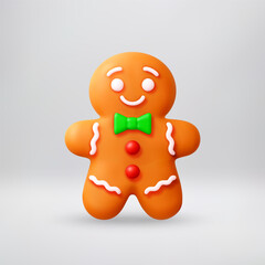 Happy gingerbread man cookie with green bow tie. Cute Christmas and New Year festive baking icon. Holiday dessert for seasonal celebration. 3D Vector illustration