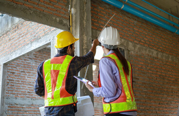 Male and female engineers discuss, inspect, and construct houses in the village. They are...