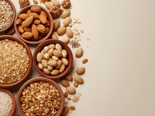 Healthy nuts and grains in rustic bowls with copy space on beige, ideal for diet blogs, packaging mockups, and recipe banners.