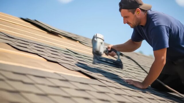 Man installing roof shingles with a nail gun, showcasing home renovation and construction industry footage.