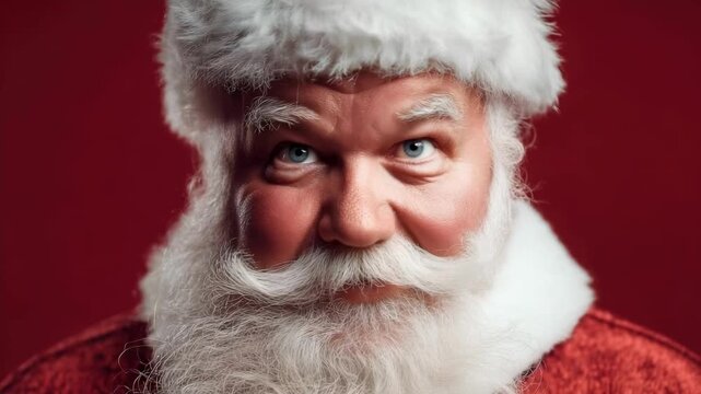 Santa Claus adjusting his glasses, with a white beard and red suit.