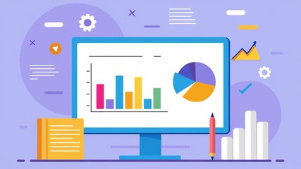 A computer screen showing a detailed pie chart presentation displaying data trends for analysis, Analyst data presentation trending, Simple and minimalist flat 2d Animation - Powered by Adobe