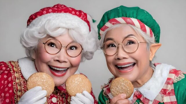 Two cheerful elderly women in Christmas costumes with elf hats pose together, each holding a sugar-dusted cookie.